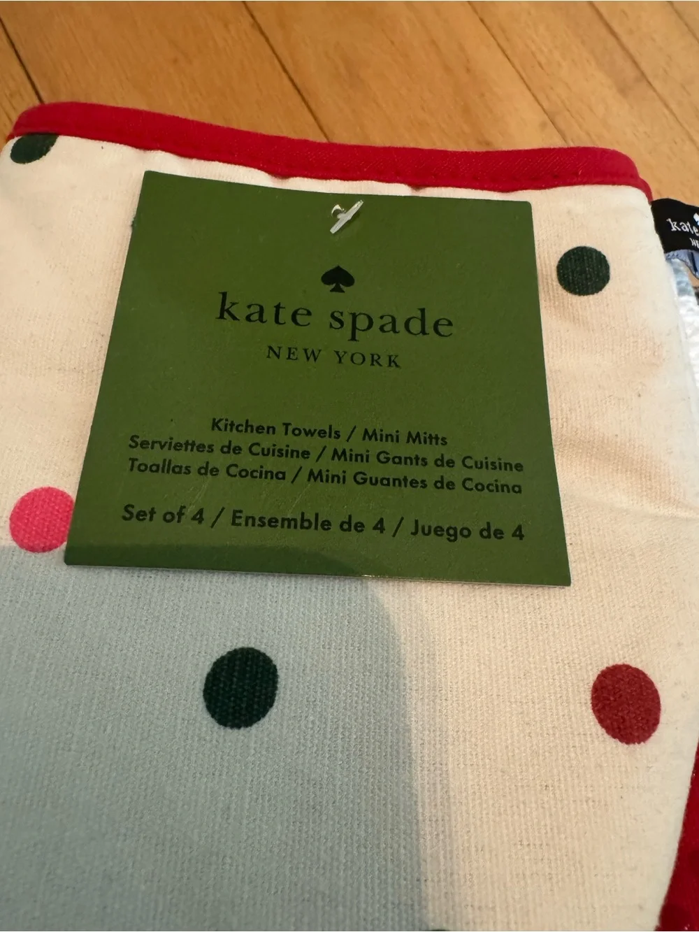 kate spade White Kitchen Towel & Mini Mitt Set with Red, Green, Pink Polka Dots